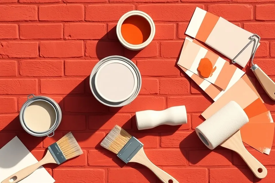 Pots de peinture, nuancier, brosses et rouleaux disposés à plat