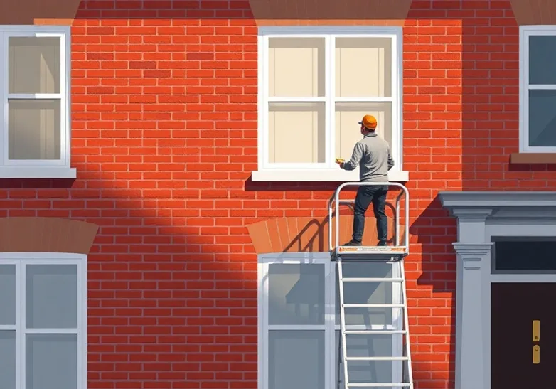 Peintre sur échafaudage traitant la façade d'une maison